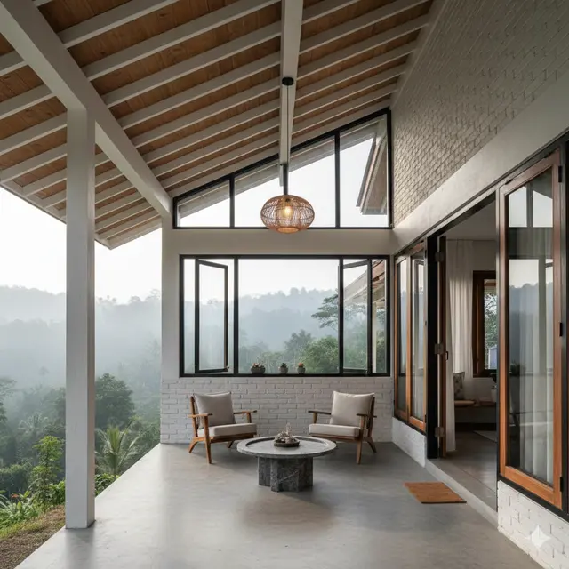 Inspirasi Teras Rumah yang Dingin Tanpa Tanaman Besar (Foto: Gemini AI)