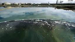 Foto udara menunjukkan penghalang dibuat untuk mencoba menghentikan tumpahan minyak ke Wetlands Talbert Marsh di Huntington Beach, California, Amerika Serikat, 4 Oktober 2021. Tumpahan minyak menyebabkan ikan dan burung mati berserakan. (AP Photo/Ringo H.W. Chiu)