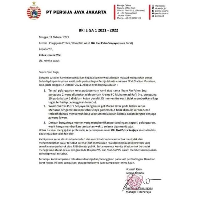 Surat Protes Persija kepada PSSI atas Kepemimpinan Oki Dwi Putra.