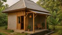 Model Rumah Sederhana dari Bambu dan Batako dengan Atap Seng (created by AI)