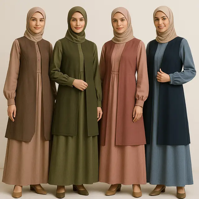 Model Gamis Kombinasi Rompi Panjang Lengan Balon