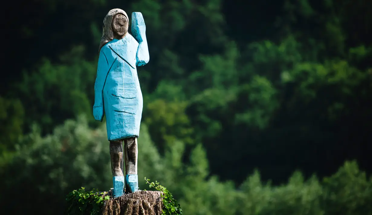 Patung kayu yang menampilkan sosok Melania Trump di pinggiran Sevnica, Slovenia, 5 Juli 2019. Patung raksasa seukuran manusia itu  menampilkan sosok Melania yang mengenakan gaun biru yang dikenakan pada pelantikan suaminya tahun 2017. (Jure Makovec/AFP)