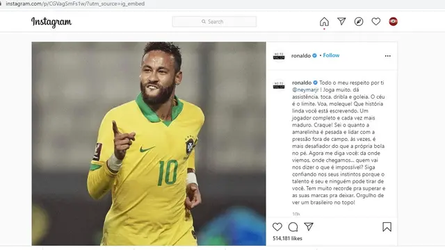 Ronaldo memuji Neymar yang baru saja melewati rekornya di Timnas Brasil