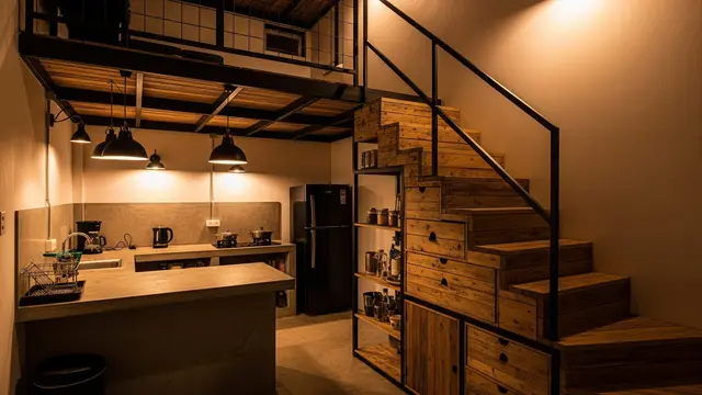 Dapur Mezzanine Industrial dengan Tangga Multifungsi
