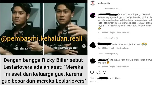 Pernyataan Rizky Billar di masa lalu kini jadi viral (Foto: Instagram @lambegosiip @pembasmi.kehaluan.reall)