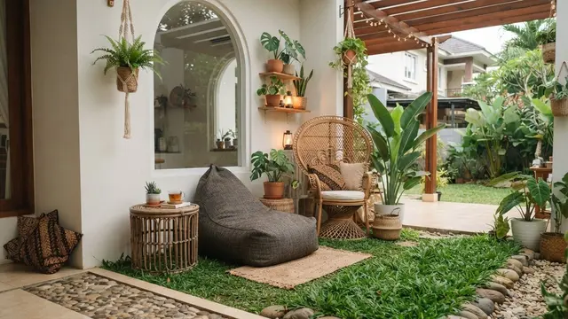Model Teras dengan Kombinasi Batu Alam dan Rumput Gajah Mini