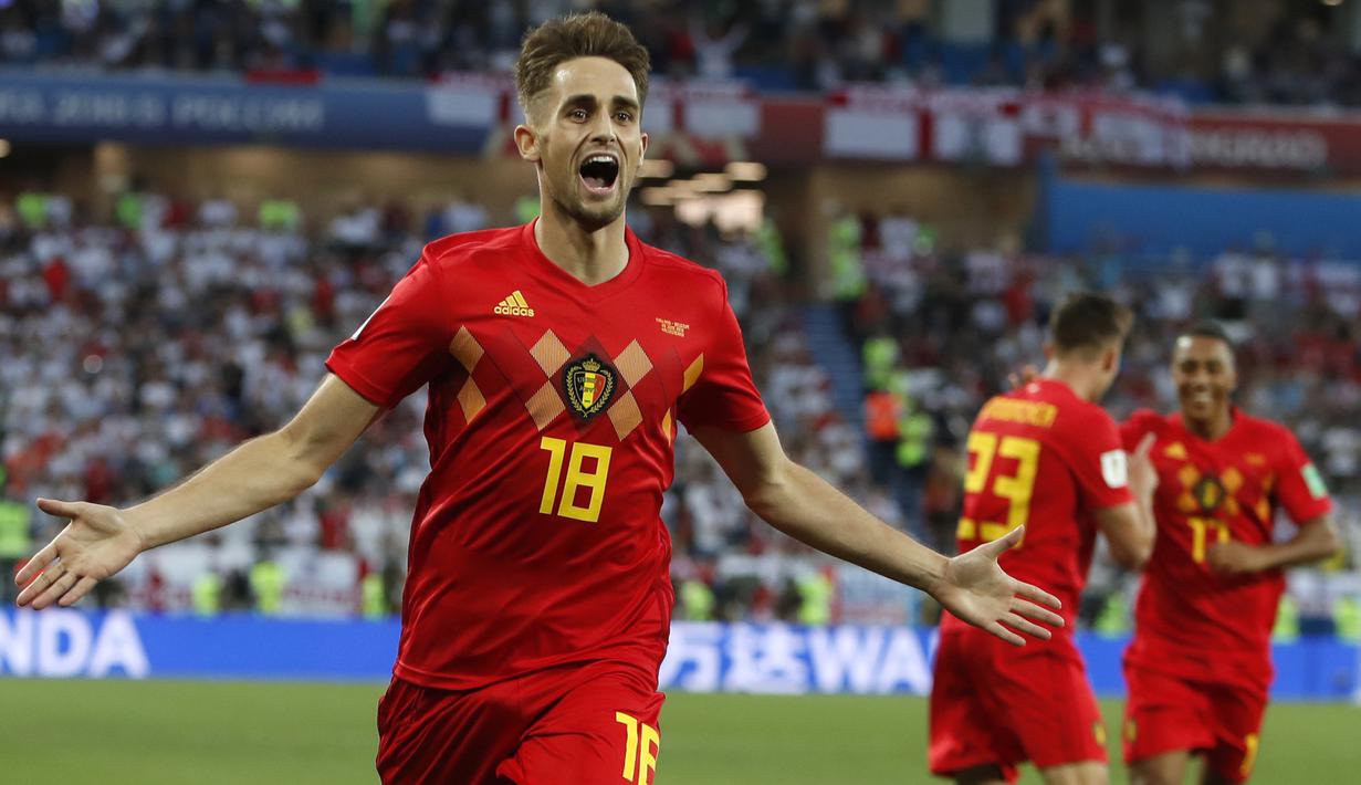 Gelandang Belgia, Adnan Januzaj, merayakan gol yang dicetaknya ke gawang Inggris pada laga grup G Piala Dunia di Stadion Kaliningrad, Kaliningrad, Rabu (28/6/2018). Belgia menang 1-0 atas inggris. (AP/Alastair Grant)