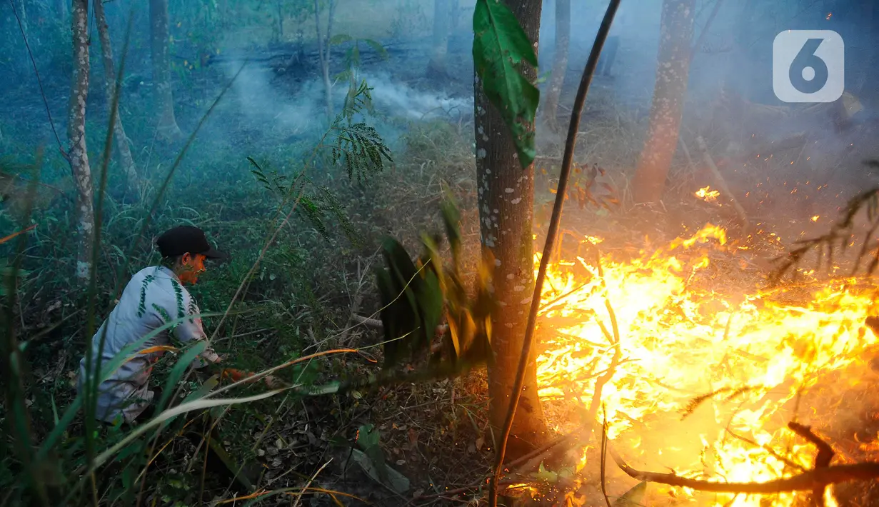 Petugas keamanan memadamkam api yang membakar lahan hutan kota di kawasan Perumahan Batan Indah, Tangerang Selatan, Banten, Senin (9/10/2023). (merdeka.com/Arie Basuki)