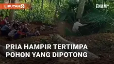 Detik-detik seorang pria nyaris tertimpa pohon tumbang terekam. Sekelompok pria terlihat menarik sebuah pohon hingga tumbang