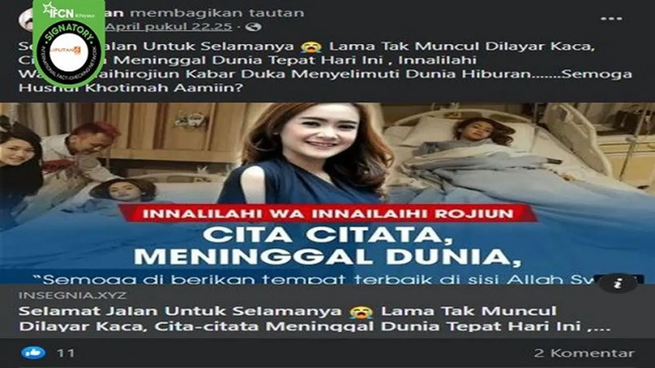 Gambar Tangkapan Layar Kabar Hoaks Cita Citata Meninggal Dunia pada 25 April 2022 (sumber: Facebook).