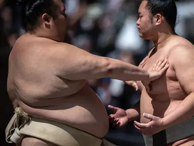 Para pegulat sumo melakukan pemanasan sebelum "turnamen sumo besar nazar", sebuah pameran sumo seremonial, di halaman Kuil Yasukuni di Tokyo pada 17 April 2023. (AFP/Philip Fong)
