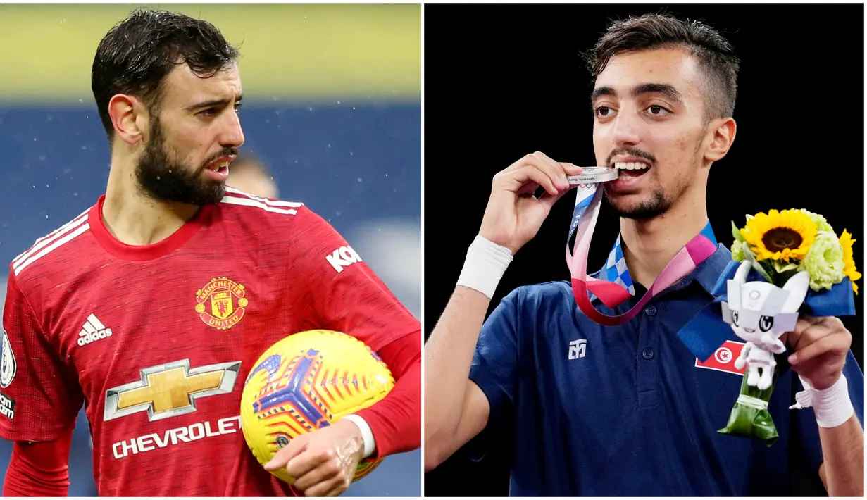 Kabar menghebohkan datang dari Olimpiade Tokyo 2020. Atlet asal Tunisia bernama Mohamed Khalil Jendoubi mencuri perhatian lantaran memiliki wajah mirip dengan bintang Manchester United, Bruno Fernandes. (Foto Kolase AP)