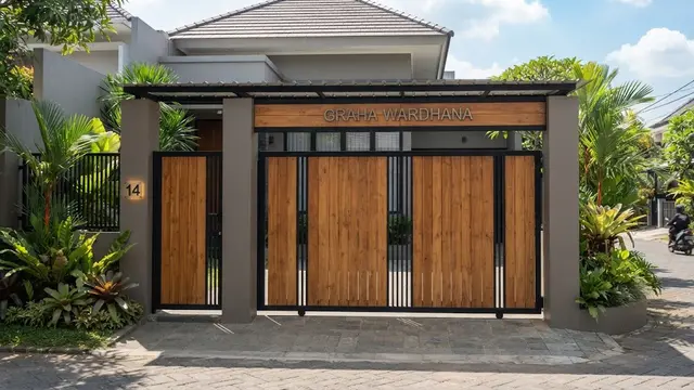 Model gapura rumah sederhana dengan sentuhan kayu yang elegan sehingga bikin hunian biasa jadi megah dengan desain besi
