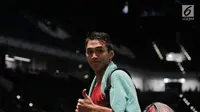 Pebulu tangkis Indonesia Christie Jonatan usai bertanding melawan Malaysia dalam laga perempat final Sea Games 2017 di Axiata Arena, Kuala Lumpur, Malaysia, Rabu (27/8). Indonesia menang dengan skor 21-13. (Liputan6.com/Faizal Fanani)