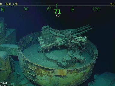 Gambar video pada 19 Maret 2018, kapal penelitian milik pendiri Microsoft Paul Allen menemukan bangkai kapal induk Amerika Serikat (AS), USS Juneau, dari era Perang Dunia II di dekat perairan Kepulauan Solomon, Pasifik Selatan. (Paul G. Allen via AP)