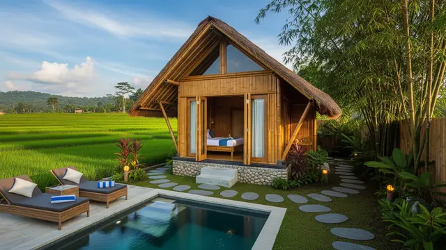 Rumah Bambu dengan Kolam di Halaman