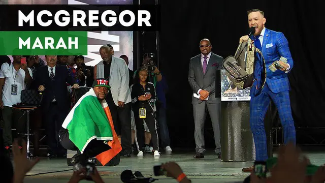 Berita video Floyd Mayweather memancing amarah Conor McGregor dengan bendera Republik Irlandia pada konferensi pers, Rabu (12/7/2017).