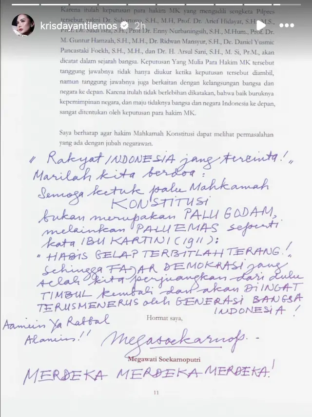 Unggahan Krisdayanti soal tulisan tangan Megawati. (Foto: Dok. Instagram @krisdayantilemos)