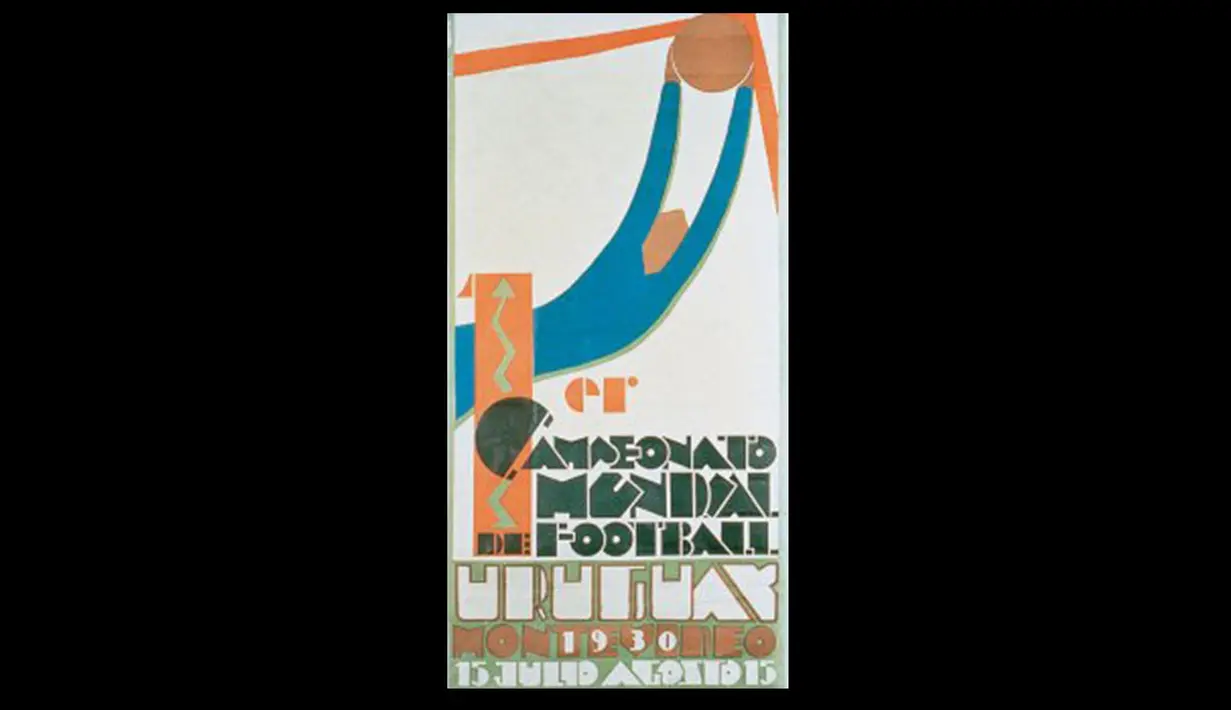 Poster Piala Dunia Pertama tahun 1930 yang diselenggarakan di Uruguay.  Lukisan abstrak seorang kipper yang sedang menangkap bola.Tuan rumah keluar sebagai juara (Istimewa).