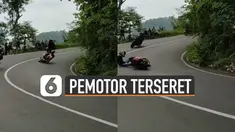 Bergaya seperti pembalap, pemotor ini jatuh dan terseret saat menikung. Beruntungnya pemotor itu tidak begitu jauh terseret.