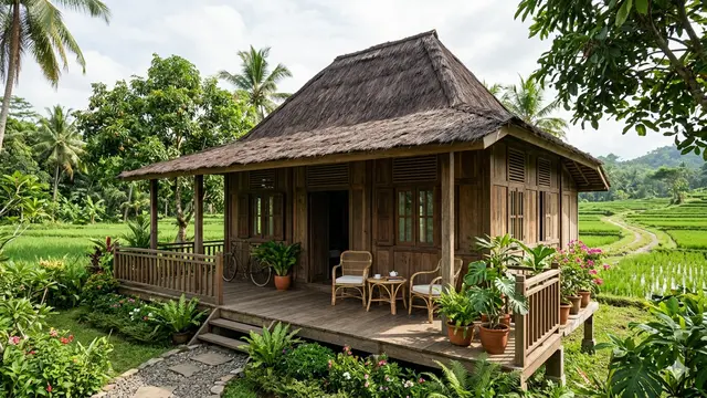 Desain Rumah Desa Atap Tinggi Agar Udara Terasa Lebih Dingin. AI
