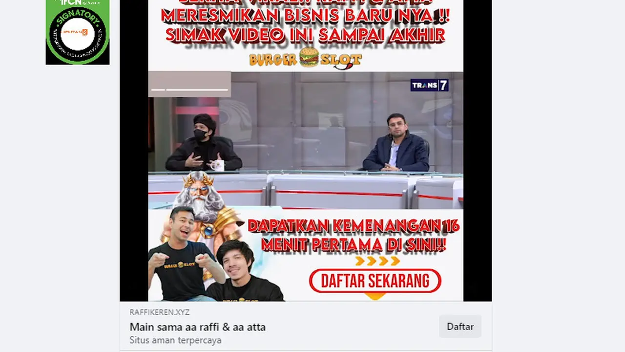 Tangkapan layar klaim video Atta Halilintan dan Raffi Ahmad resmikan bisnis baru situs judi