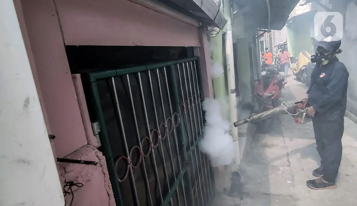Petugas melakukan pengasapan (fogging) untuk memberantas perkembangbiakkan nyamuk Demam Berdarah Dengue (DBD) di pemukiman padat penduduk, Jakarta, Rabu (18/5/2022). Menghadapi musim pancaroba yang menjadi perkembangbiakkan nyamuk Aedes Agypty penyebab penyakit DBD, warga melakukan fogging di wilayah padat penduduk. (Liputan6.com/JohanTallo)