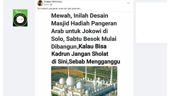 Cek Fakta Liputan6.com menelusuri klaim artikel terkait desain masjid hadiah Pangeran Arab