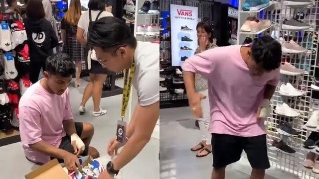 cara pria ini mencoba sepatu jadi viral (foto: Facebook Harvinth Skin)