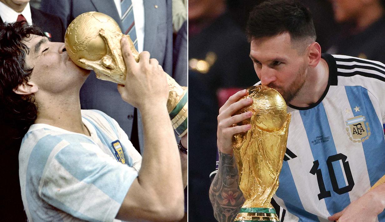 Foto kombo memperlihatkan dengan baju yang sama kapten tim Argentina Diego Armando Maradona (kiri) mencium trofi Piala Dunia yang diraih timnya setelah menang 3-2 atas Jerman Barat di Stadion Azteca di Mexico City (29/6/1986) dan kapten Argentina di Piala Dunia 2022, Lionel Messi (kanan) mencium trofi Piala Dunia setelah mengalahkan Prancis di Stadion Lusail, Doha (18/12/2022). (Foto-foto: AFP/Dominique Faget, Adrian Dennis)