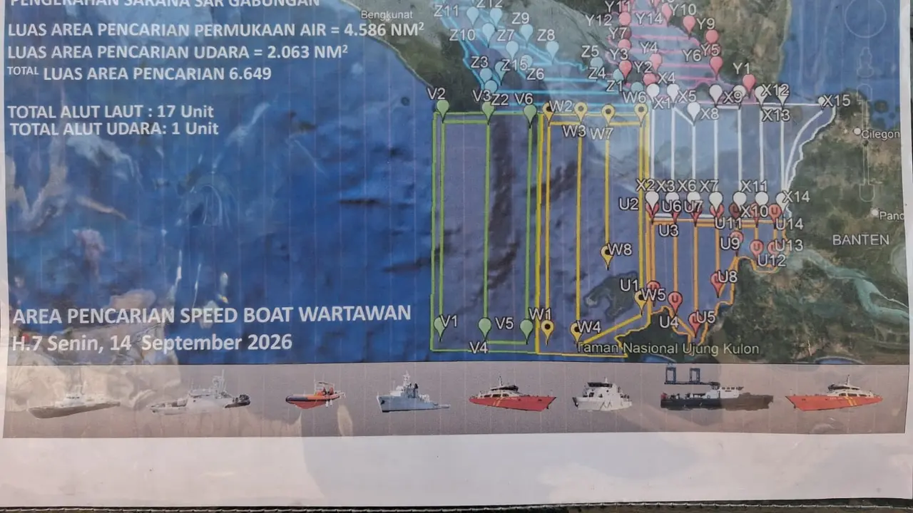 Rencana operasi SAR hari ketujuh pencarian jurnalis di Selat Sunda. (Liputan6.com/Titis Widyatmoko)