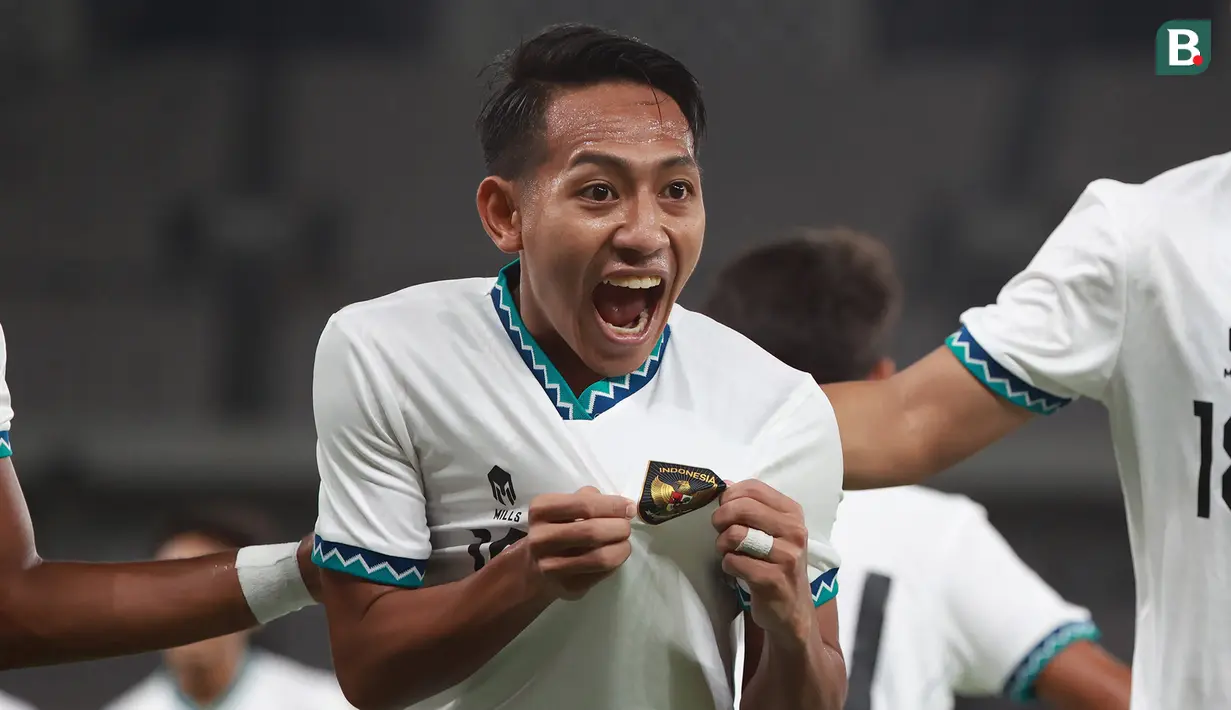 <p>Pemain Timnas Indonesia U-22, Beckham Putra melakukan selebrasi setelah mencetak gol ke gawang Timnas Lebanon U-22 pada laga leg kedua uji coba di Stadion Utama Gelora Bung Karno (SUGBK), Jakarta, Minggu (16/4/2023). Timnas Indonesia U-22 menang dengan skor 1-0. (Bola.com/M Iqbal Ichsan)</p>