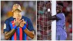 Foto kombo ekspresi dari pemain Barcelona, Raphinha (kiri) usai timnya bermain tanpa gol melawan Rayo Vallecano dan ekspresi pemain Real Madrid, Vinicius jr yang gagal mencetak gol saat melawan Almeria. (Foto: AFP/Pau Barrena, Jorge Guerrero)
