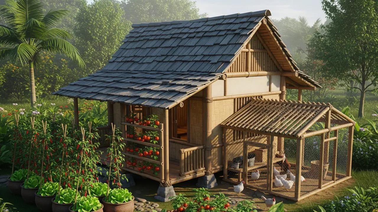 Rumah Mungil Pedesaan dengan Kebun Samping dan Kandang Ayam