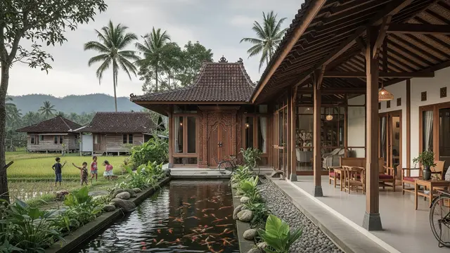 Rumah Desa Kombinasi Modern Jawa dengan Pendopo Minimalis dan Kolam Ikan