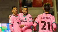 Penyerang Barcelona Lionel Messi merayakan gol ke gawang Rayo Vallecano pada babak 16 besar Copa del Rey di Estadio de Vallecas, Kamis (28/1/2021) dini hari WIB. (foto: Instagram @fcbarcelona)