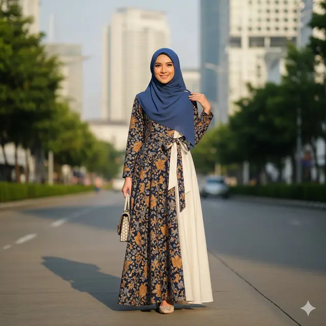 Gamis Batik dengan Aksen Pita/Tali Pinggang