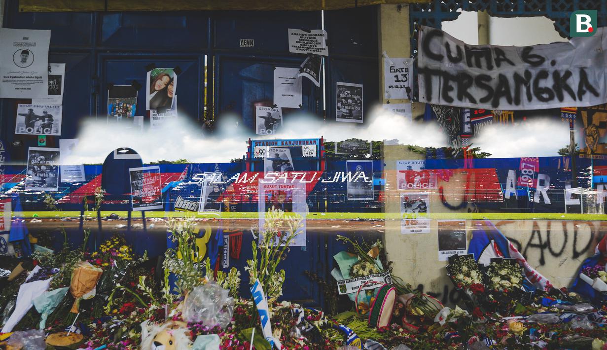 Mendung kelabu hampir selalu menyelimuti Malang di penghujung sore sepekan setelah tragedi pilu. Menggantung bak kenangan para penyintas kejadian maut usai Arema tumbang pada malam menuju minggu. (Bola.com/Bagaskara Lazuardi)