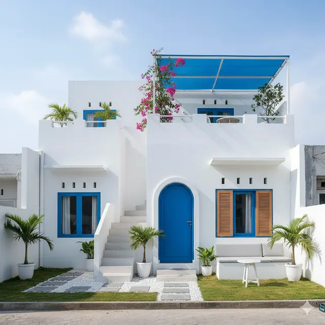 Desain Rumah Type 36 Ala Villa Santorini dengan Sentuhan Putih Biru