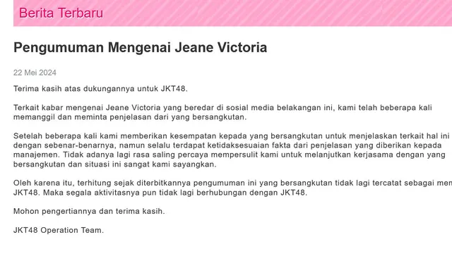 Unggahan mengenai pemecatan Jeane JKT48. (jkt48.com)