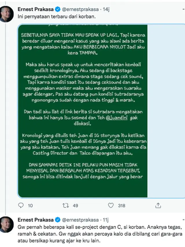 Ernest Prakasa Beberapa Kali Kerja Bareng Korban Dugaan Kekerasan yang Dilakukan Andi Bachtiar Yusuf, Beri Pembelaan Ini