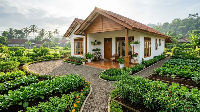 Inspirasi Rumah Desa dengan Kebun Sayur Mengelilingi Halaman. Gemini