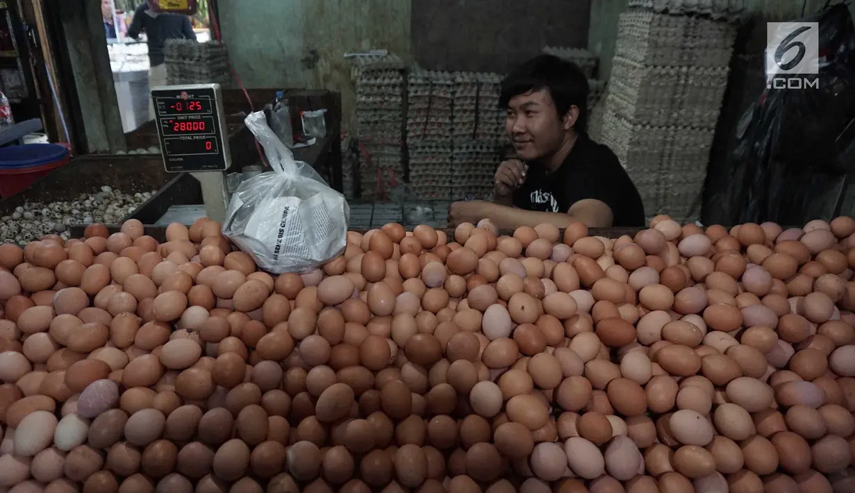 Pedagang telur menunggu pembeli di Pasar Kebayoran Lama, Jakarta, Kamis (3/1). Badan Pusat Statistik (BPS) mengumumkan inflasi bulanan pada Desember sebesar 0,62% sehingga inflasi tahunan mencapai 3,13% pada 2018. (Liputan6.com/Herman Zakharia)