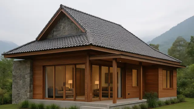Rumah Atap Limas Modern Kombinasi Kayu dan Batu Alam
