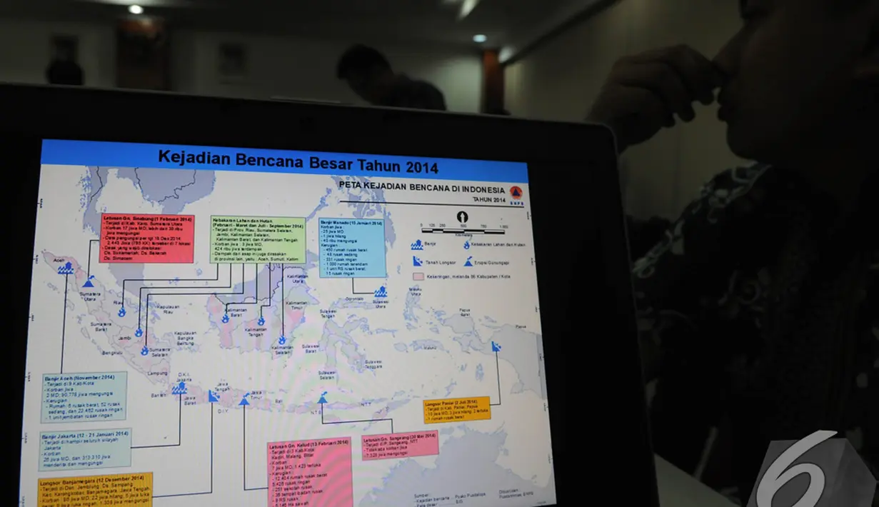 Sebuah data mengenai bencana besar di tahun 2014 dibeberkan Badan Nasional Penanggulangan Bencana (BNPB) saat menggelar konferensi pers, Jakarta, Selasa (30/12/2014). (Liputan6.com/Herman Zakharia)