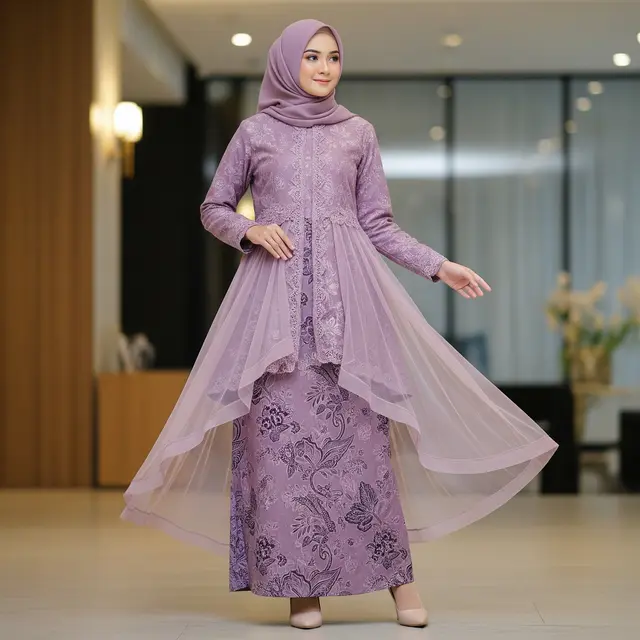 Model Gamis Batik Brokat Dusty Lilac
