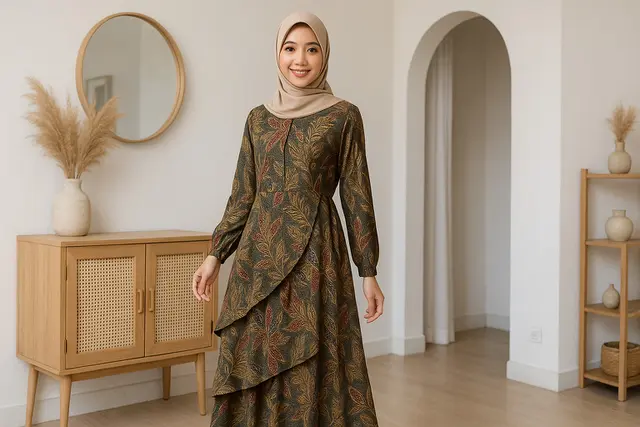 5. Gamis Batik Layer Asimetris