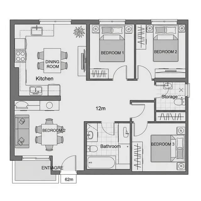 Denah Rumah Sederhana 6x12 3 Kamar.
