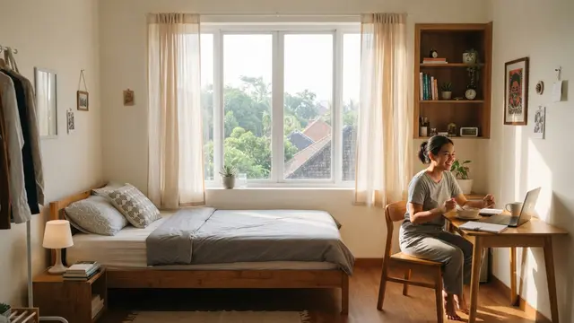 Desain Kamar Kos yang Bikin Penghuninya Bangun Pagi yang Cocok untuk Pekerja dan Mahasiswa yang Sering Kesiangan Model dengan Tempat Tidur Menghadap Jendela