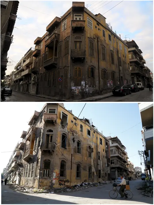 Foto kombinasi menunjukkan sebuah bangunan di Homs, Suriah, pada tanggal 26 Desember 2008 (atas) dan bangunan yang sama telah rusak setelah perang saudara antara pemberontak dan pembela rezim Bashar al Assad, pada 13 Mei 2014. (REUTERS/Omar Sanadiki)